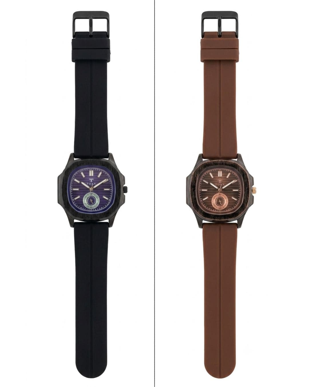 Two men's analog watches shown side by side on a white background. The watch on the left has a black silicone strap and a dark blue-purple dial.